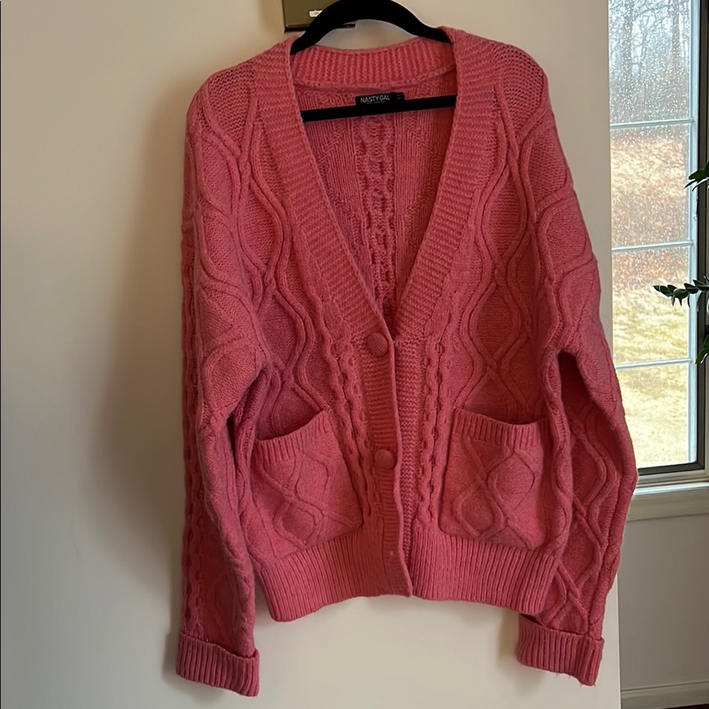 Pink Cable Knit Cardigan Sweater